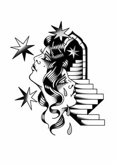 a woman's face with stars on her head and stairs to the sky behind it