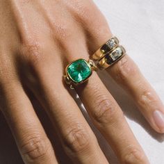 5.90ct Muzo Emerald Cushion Cut and Diamond Three Stone Ring Antique Cushion Cut Diamond, Emerald Stone Rings, Antique Cushion Cut, Donut Ring, Diamond Three Stone Ring, Emerald Ring Vintage, Antique Cushion, Diamond Bracelet Design, Engagement Rings Cushion