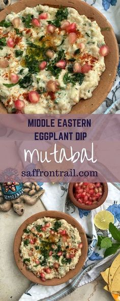 an eggplant dip with tomatoes, spinach and other toppings on it