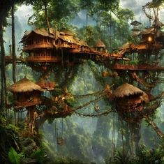 an artist's rendering of a tree house in the middle of a forest with lots of trees