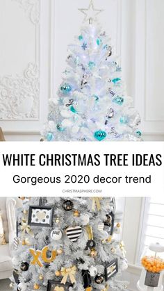 a white christmas tree with blue and gold decorations