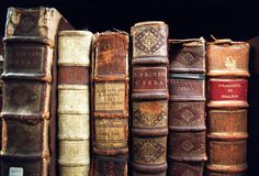 old books are lined up on a shelf