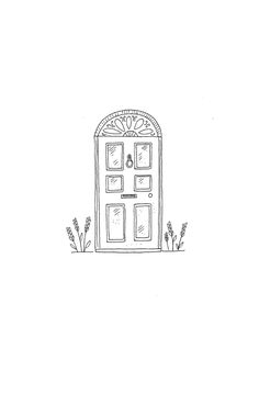 a black and white drawing of a door with flowers in the foreground on a white background