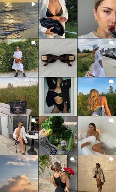 the collage shows many different pictures and people in bikinis, with one woman wearing sunglasses