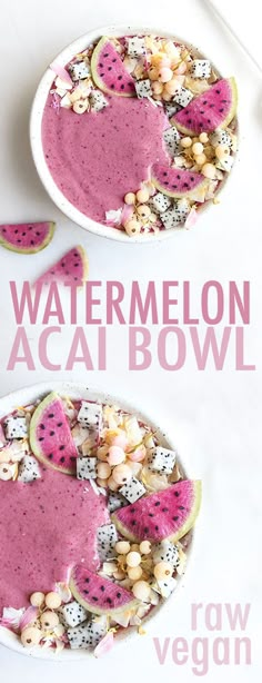 two bowls filled with watermelon acai bowl next to each other on a white surface