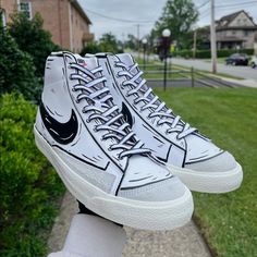 Purchase On My Custom Sneaker Instagram (@_lacedbylee) For $50 Cheaper Custom Painted Nike Blazers (High Top) “Cartoon” Style Design Hand Painted With Angelus Leather Paint Sealed And Finished With Angelus Finisher Waterproof & Scratch Resistant Colors Can Be Adjusted To Your Liking Design Can Be Done With Any Shoe All Sizes Available!!! (Men’s, Women’s & Kids) Processing Time : 2-3 Weeks Cartoon Style Shoes, Nike Blazers High, Nike Shoes Custom, Sneakers Instagram, Nike Airmax 270, Mens Grey Shoes, Painted Nikes, Royal Blue Shoes, Dirty Shoes