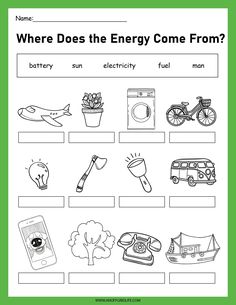 the worksheet for where does the energy come from? with pictures and words