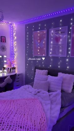 a bed room with a neatly made bed and purple lights on the wall above it