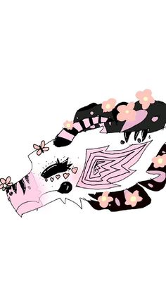 a drawing of a cat with flowers on it's head and tail, in black and pink colors