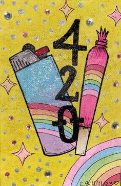 the number four has been added to this colorful painting with stars and rainbows on it