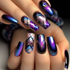 Purple Plaid Nails Designs, Teal And Purple Nail Ideas, Diva Nails Designs, Nail Designs With Purple, Purple And Teal Nails Designs, Lilac Nail Designs, Aesthetic Nail Art, Purple And Silver Nails