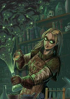 an image of a woman with green eyes in a room full of books and stuff