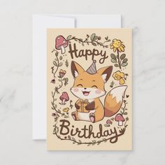 a happy birthday card with an image of a fox and mushrooms on the front, surrounded by flowers