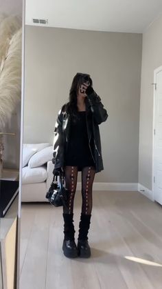 All Black Outfits For Women Aesthetic, Grunge Outfit Leather Jacket, Black Dress With Tights Outfit, Style Corset Top Winter, Cargo Concert Outfit, Alt Date Outfit, Grunge Date Night Outfit, Sporty Goth Outfits, Goth Mini Skirt Outfit