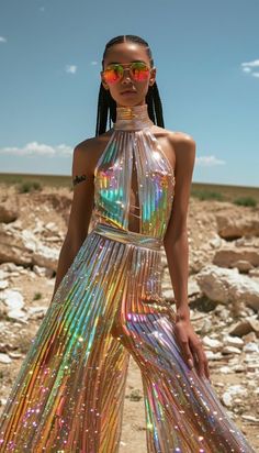 Festival Neon Outfit, Gold Festival Outfit, Neon Streetwear, Holographic Dress, Festival Outfit Ideas, Holographic Fashion, Groovy Fashion, Festival Outfit Inspiration, Rave Girls