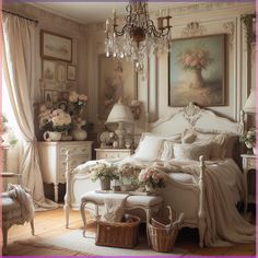 an ornate bedroom with white furniture and flowers on the bed