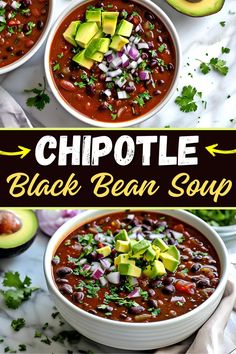 three bowls of black bean soup with avocado and cilantro on the side