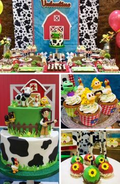 a collage of pictures with cupcakes, cake and other items on the table