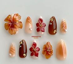 #fallnails #inspiration Brown Hibiscus Nails, Autumn Floral Nails, Nails Hibiscus Flower, Hibiscus Nail Art, Nails Popular, Customized Nails, Nails Birthday, Beachy Nails