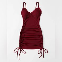 Super Cute Ribbed And Lace Drawstring Side Stretchy And Short Spaghetti Strap Dress. Size: Small Brand: Romwe Color: Red Wine Red Spaghetti Strap Dress Short, Wine Red Clothes, Spaghetti Strap Dress Short, Short Spaghetti Strap Dress, Dark Red Short Dress, Short Burgundy Dress, Tight Short Dress, Red Spaghetti Strap Dress, Velvet Cami Dress