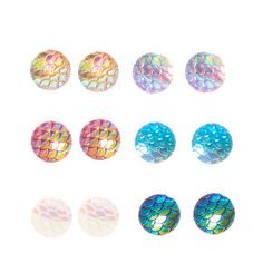 Colored Iridescent Mermaid Scaled Round Stud Earrings, Middle School Fashion, Unicorn Ears, Iridescent Mermaid, Magical Mermaid, Lip Gloss Cosmetics, Colorful Glitter, Mermaid Scales, Round Stud Earrings