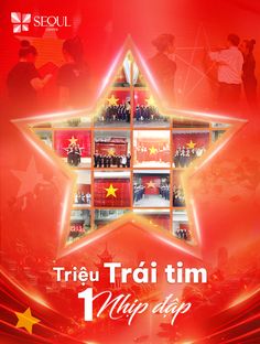 a red poster with the words trieu trai tim 1 - up stop on it