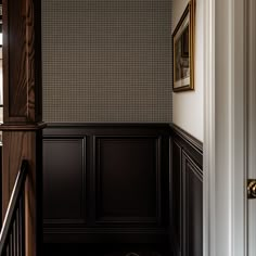 Hand Me Down (Brown) - Patterned Wallpaper Tiny Hallway Wallpaper, Bedroom Interior Design Wallpaper, Wallpapered Bar Area, Commercial Grade Wallpaper, Brick House Brown Trim, Dark Painted Paneling, Wallpaper On Top Of Wainscoting, Butlers Pantry With Wallpaper, Plaid Ceiling Wallpaper