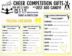 the cheer competition gifts list is shown in yellow and black, with instructions for how to use