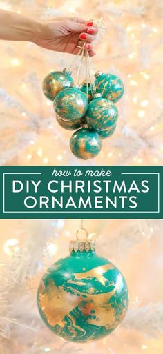 christmas ornaments hanging from the ceiling with text overlay saying how to make diy christmas ornaments