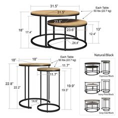 three tables are shown with measurements for each table and the other one has a coffee table on it