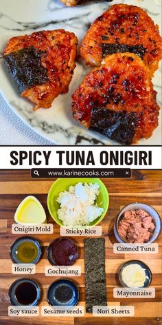 the ingredients for spicy tuna omgii on a white plate with text overlay