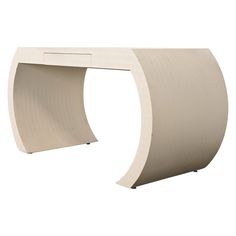 the curved desk is made from wood and has a white finish on it's surface