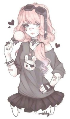 a drawing of a girl with pink hair holding a cell phone to her ear and wearing sunglasses