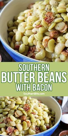 two bowls filled with green beans and bacon next to each other on top of a table