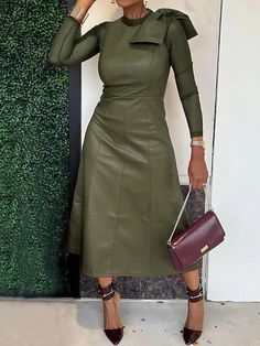 UOOZEE Green Midi Dress, Round Neck, Solid Color, Long Sleeve, Green, Dresses, Black, Color