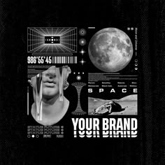 a black and white photo with the words your brand in front of an image of the moon