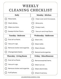 the printable cleaning checklist is shown in black and white, with words on it