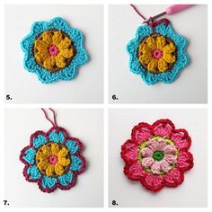 crocheted flower ornament with four different colors