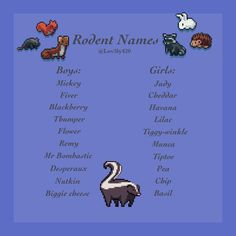 the names of different animals in pixel art style on a blue background with text that reads,