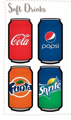 four cans of soft drinks are shown with the caption'soft drinks'in different colors