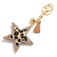 Leopard Print Faux Fur & Crystal Star Shaped Keychain - Approximately 6" Length - Key Ring & Lobster Claw Crystal Trim, Crystal Stars, Key Card Holder, Ladies Boutique, Star Shape, Zebra Print, Black And Tan, Lobster Claw, Key Ring