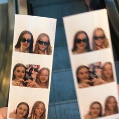 a person holding up four pictures of women on an escalator with their hands