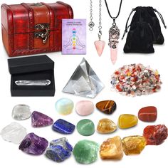 PRICES MAY VARY. 🎁Premium Healing Crystals Set: 7pcs therapy raw chakra stones, 10pcs tumbled stone, 1pc spiritual pink healing crystal necklace, 1pc natural pink crystal pendulum, 1pc white crystal pyramid, crystal Pillar, 50g natural colorful stones assorted mixed with gift wooden crystal box & 2 storage bags. 🎁100% Natural Crystals and Stones: Hand-sorted highest-quality crystals and stones. The most suitable meditation accessories. 🎁Benifits from Stones and Crystals: Stimulate the chakras Crystal Pillar, Meditation Accessories, Rose Quartz Healing, Crystal Box, Crystal Pendulum, Crystal Pyramid, 1 Rose, Rose Quartz Necklace, Chakra Crystals