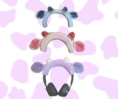 three crocheted animal headphones are shown in front of a pink and white background