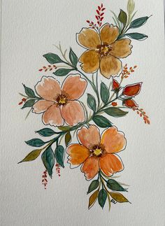 watercolor painting of orange and yellow flowers on white paper