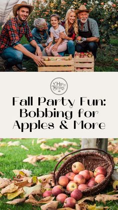 people are gathered around an apple crate with apples in it and the words fall party fun abiding for apples & more