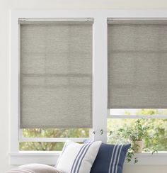 two windows with blinds and pillows in front of them, one has a plant on the window sill