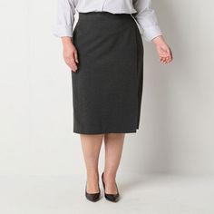 Made from stretch-ponte, this Liz Claiborne women's plus pencil skirt is both chic and comfortable to wear to the office or other dressed-up occasions. It features a mid-rise, an elastic-waist, side slip pockets, and a midi-length. Complete the look with pointed-toe pumps. Front Style: Flat FrontFeatures: Stretch FabricClosure Type: Full ElasticPockets: 2 Side Slip PocketsRise: Mid RiseApparel Length: 29.5 InchesFiber Content: 70% Rayon, 25% Nylon, 5% SpandexFabric Description: PonteLining: Unli Womens Pencil Skirts, Pencil Skirts, Liz Claiborne, Midi Length, Stretch Fabric, The Office, Pencil Skirt, Mid Rise, Elastic Waist