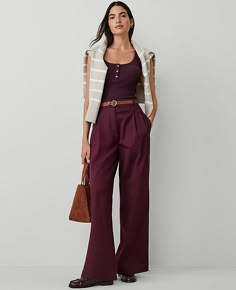 Introducing Ann Taylor Weekend – relaxed separates and easy pairings that take the work out of getting dressed. Front zip with double hook-and-bar closure. Belt loops. Front pleats. Vertical on-seam pockets. Back welt pockets.,Leg Shape:Leg Shape: Wide Leg – a modern must-have with a statement leg and flattering high waist,Rise:High rise: sits 1/2" to 1" below natural waist,Imported:Imported,Fit:Fit: Relaxed & easy,Length:Full length: 31" inseam with 25" leg opening,Fabrication:97% Cotton, 3% Spandex,Garment Care:Machine Washable AT Weekend Topstitched Wide Leg Pants by Ann Taylor Size regular - 14 Plum Rose Women's Cotton, Blend, Regular, Wide, Leg, Pants, 97%, Cotton, 3%, Spandex, Machine, Washable Khaki Dress Pants Outfit Women, Women’s Trousers, Women’s Dress Pants, Wide Leg Trousers Outfit Work, Plum Pants Outfit, Ann Taylor Outfits, Wide Legged Pants Outfit, Burgundy Pants Outfit, Cute Business Casual Outfits