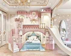 a princess bedroom with a slide in the middle